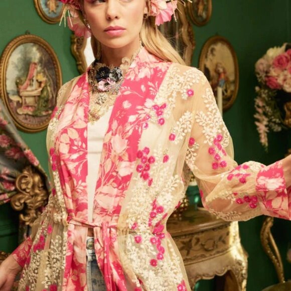 Aratta Silent Journey Fairy Rose Embroidered Sheer Duster Robe Floral Pink Cream - Picture 2 of 15